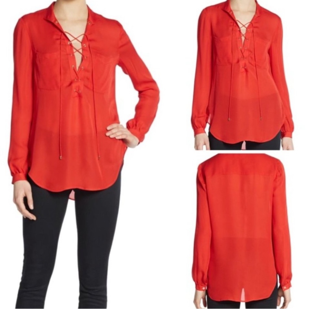NWT Haute Hippie Silk ‘Gypsy Lace-Up Blouse’ Red | Size Medium